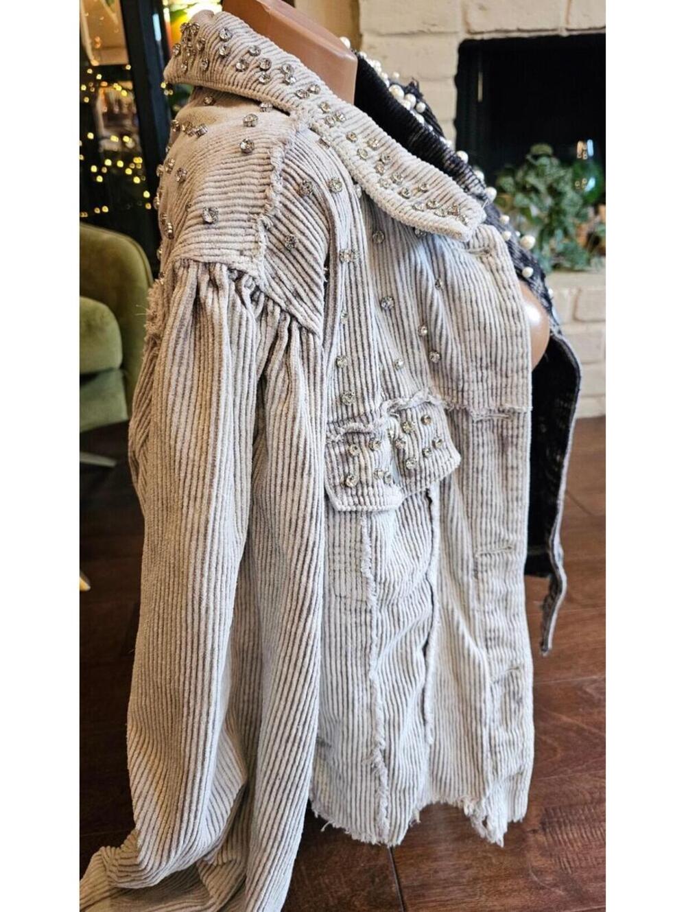 Bad Little Country Girl SZ M Corduroy Jean Jacket Beads Clear Studs BOHO - Picture 7 of 10